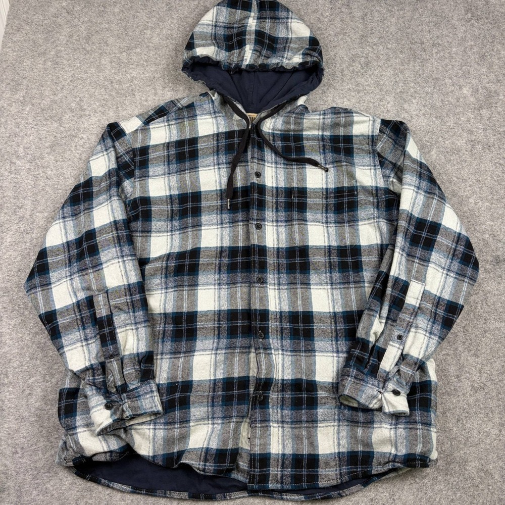 RedHead Flannel Hoodie Mens 2XL Blue Grey Plaid Button Up Shacket Shirt Workwear
